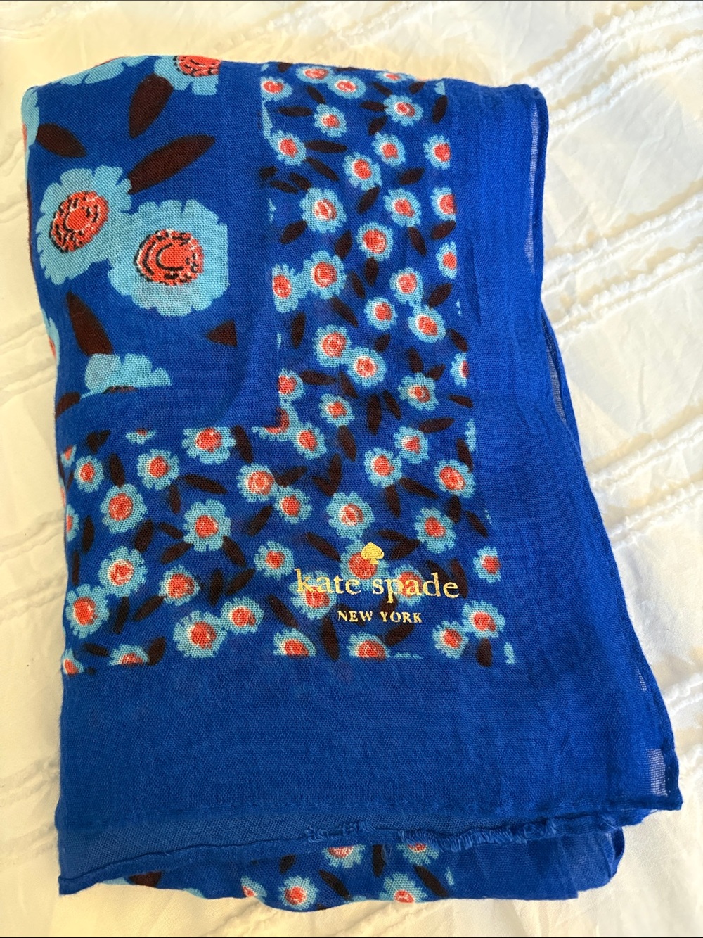 kate spade Tangier Floral Royal Blue Scarf with Coral Accents approx 24”x 80”